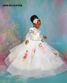 לבן תחרה שרוול ארוך פרח ילדה שמלות חתונה פרחים גבוה צוואר הילדים מסיבת יום הולדת בנות שמלות פוטושוט על Fotos